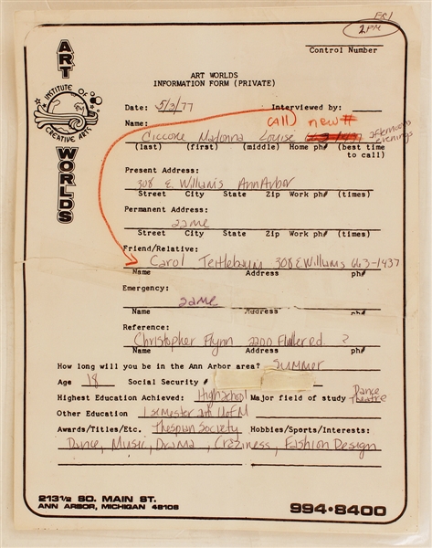 Madonna 1977 Handwritten & Signed Art School Application