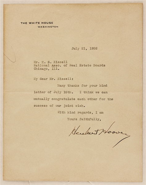 President Herbert Hoover Signed 1932 White House Letter