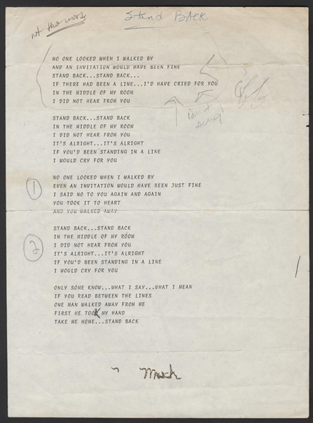 Stevie Nicks Hand-Annotated "Stand Back" Lyrics
