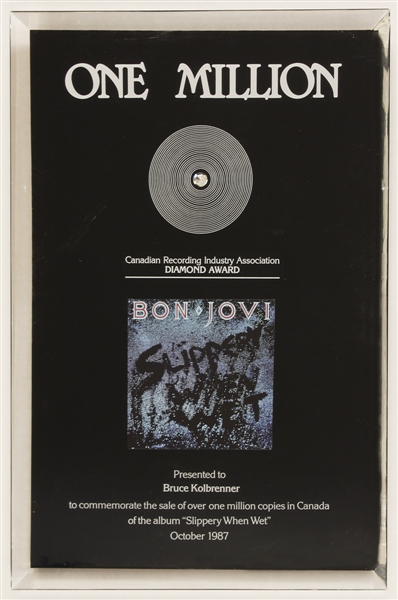 Bon Jovi Original 1987 Canadian Recording Industry Association (CRIA)Diamond Award for "Slippery When Wet"
