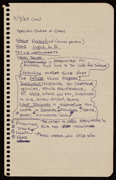Madonna 1983 Handwritten Concert Crew Directions and  Budget Notes