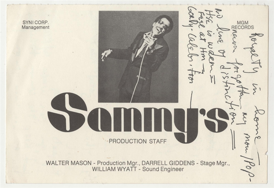Sammy Davis, Jr.  Handwritten Original "Sammys" Production Staff Card