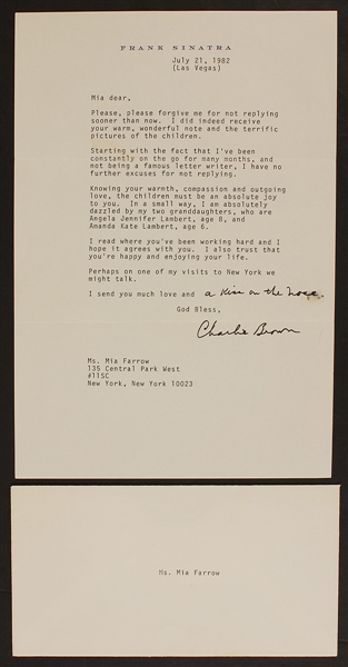Frank Sinatra Original Personal Letter to Mia Farrow Signed "Charlie Brown"