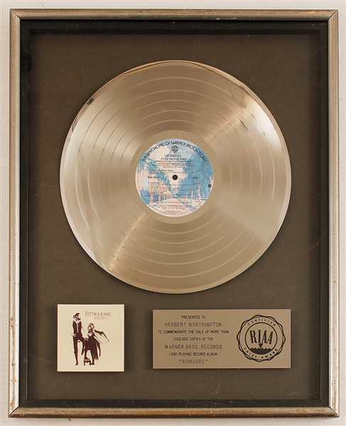 Fleetwood Mac "Rumours" Original RIAA Platinum LP Record Album Award Presented to Herbert Worthington III