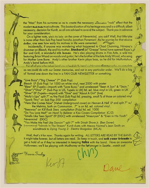 Nirvana Signed Original Fan Newsletter and Merchandise Form