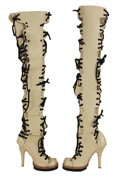 Lady Gaga Worn Custom Thigh-High Cream and Black Lace-Up Boots