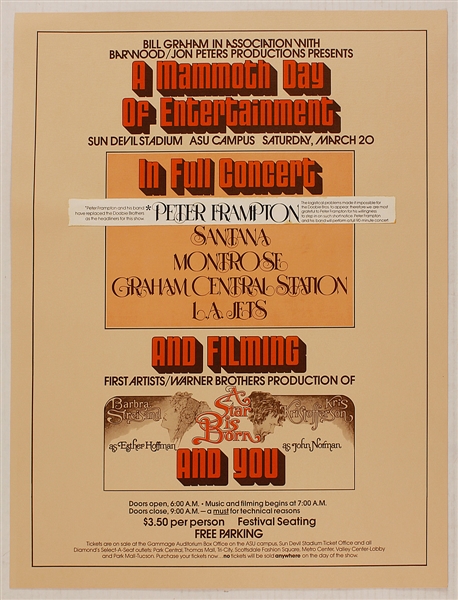 Bill Graham Original Concert Poster for Peter Frampton and Santana with "A Star Is Born" Filming 