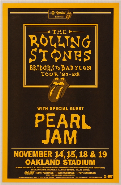 Rolling Stones "Bridges to Babylon" Tour Original Concert Poster With Pearl Jam