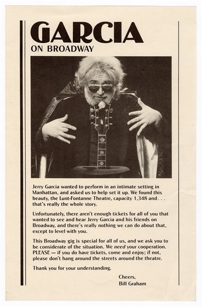 Jerry Garcia "Garcia on Broadway" Original Bill Graham Handbill 