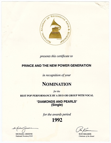Prince "Diamonds and Pearls" Original Grammy Nomination Certificate