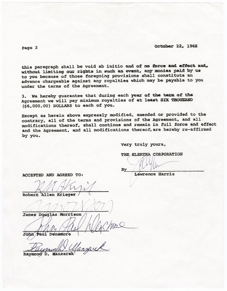 The Doors Signed & Initialed 1968 Elektra Records Contract Amendment Letter