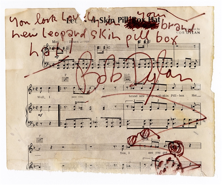 Bob Dylan "Leopard-Skin Pill-Box Hat" Lyrics Inscribed and Signed with Drawing Sheet Music