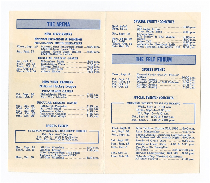 Bob Marley/Jethro Tull/Black Sabbath and More Original 1980 Madison Square Garden Calendar of Events