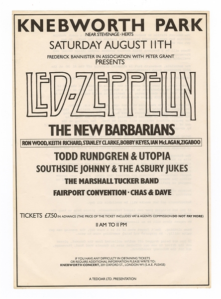 Led Zeppelin, New Barbarians (Rolling Stones Keith Richards and Ron Wood) Original 1979 Knebworth Park Festival Concert Handbill (August 11)