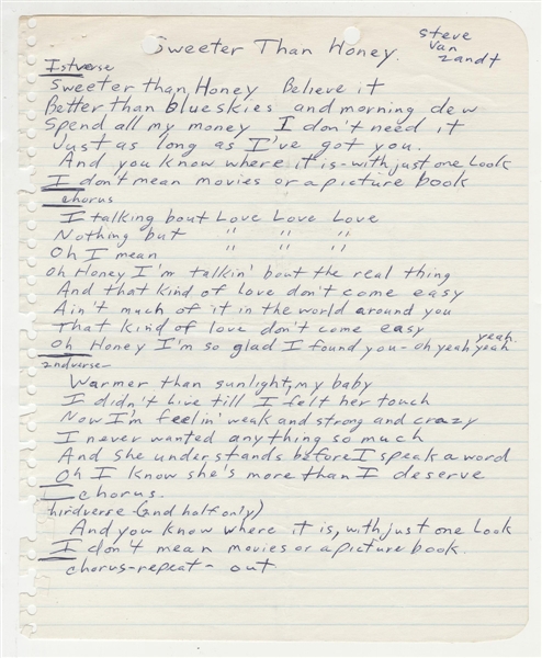 Southside Johnny Original Handwritten "Sweeter Than Honey" Lyrics From The Album I Dont Wanna Go Home"