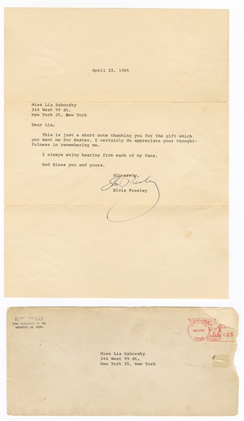 Elvis Presley Original 1965 Secretarial Signed Typed Letter to a Fan with Post-Dated Envelope