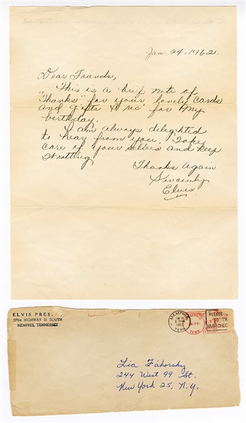 Elvis Presley Original 1962 Secretarial Signed & Handwritten Letter to a Fan with Post-Dated Envelope