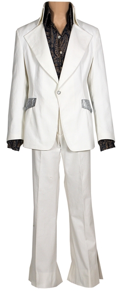 Elvis Presley  1972 Las Vegas Hilton Stage Worn Bill Below Custom IC Costume Company White Suit and Blue Paisley Shirt