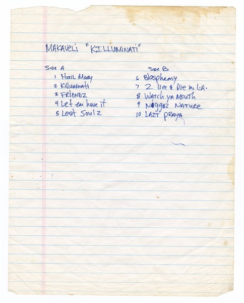 Tupac Shakur Handwritten  Makaveli "Killuminati" Album Set Lists Sides A and B
