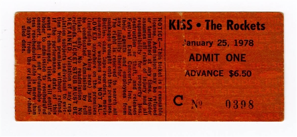 KISS Original 1978 Buffalo Stadium Concert Ticket Stub
