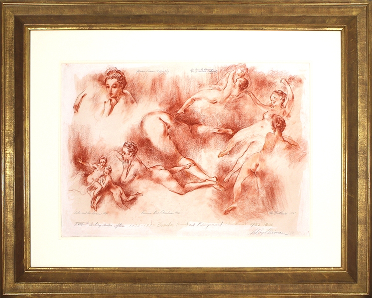 LeRoy Neiman Signed Original "XVIIIth Century Nudes after Boucher and Fragonard" Unique, One-Of-A-Kind, Red Chalk Drawing 