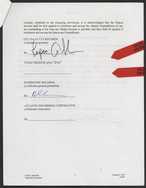 Tupac Shakur Signed 1995 Bail Agreement