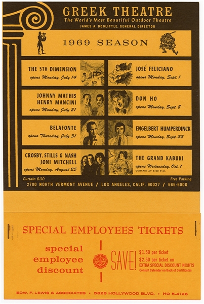 Crosby, Stills & Nash/Joni Mitchell Original 1969 Greek Theatre Concert Handbill