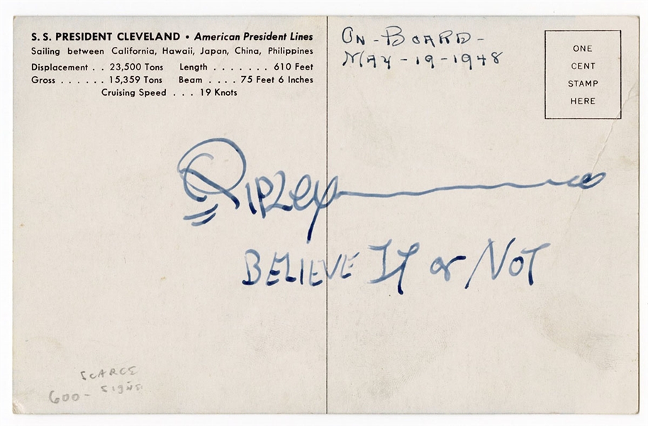 Robert Ripley Signed and "Believe It or Not" Inscribed Postcard JSA Authentication