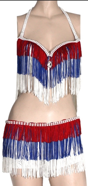 Britney Spears Stage Worn Red White and Blue Fringed Bra Top and Shorts with Rhinestones