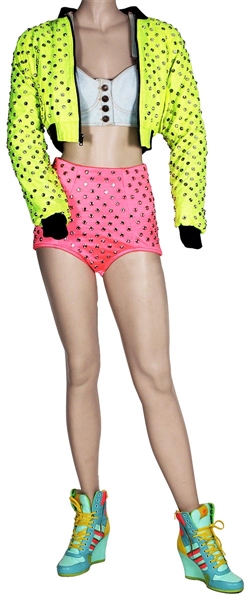 Nicki Minaj "Pink Friday Tour" Stage Worn Custom Jeremy Scott Neon Green Studded Jacket, Neon Pink Studded Shorts, Denim Top and Shoes