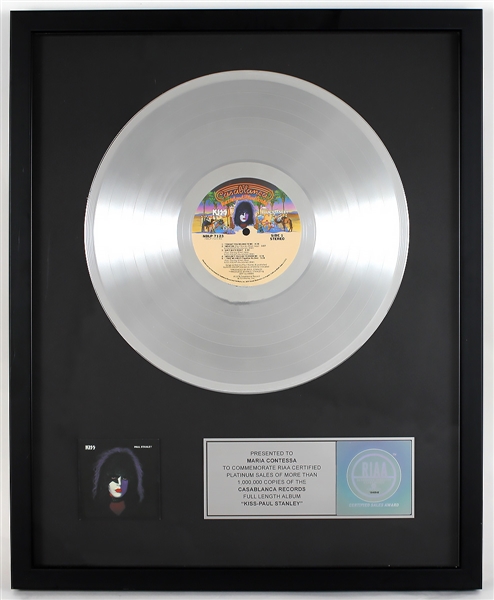 "KISS - Paul Stanley" Original RIAA Platinum Album Award Presented to and Signed by KISS Costumer Maria Contessa