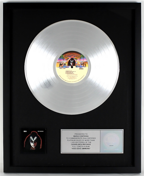 "KISS - Gene Simmons" Original RIAA Platinum Album Award Presented to and Signed by KISS Costumer Maria Contessa