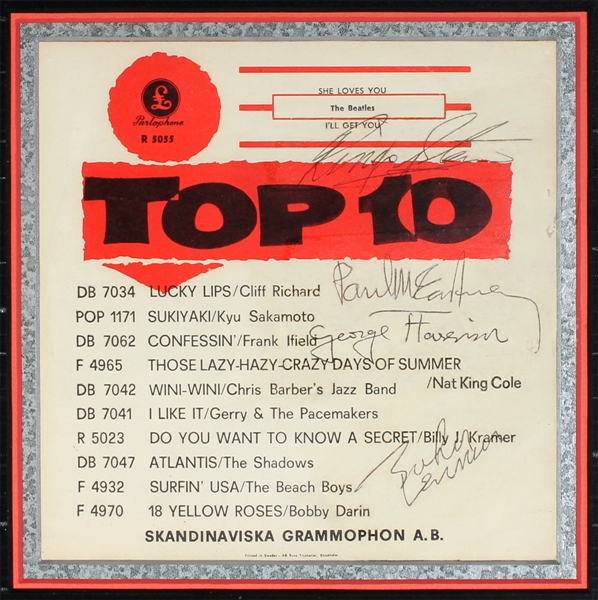 Beatles 1963 Signed "She Loves You" Parlophone Swedish 45 Record Sleeve Caiazzo LOA