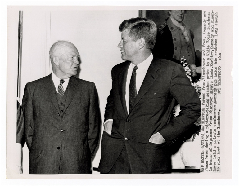 John F. Kennedy and Dwight D. Eisenhower Original White House UPI Wire Photograph Stamped on the Verso