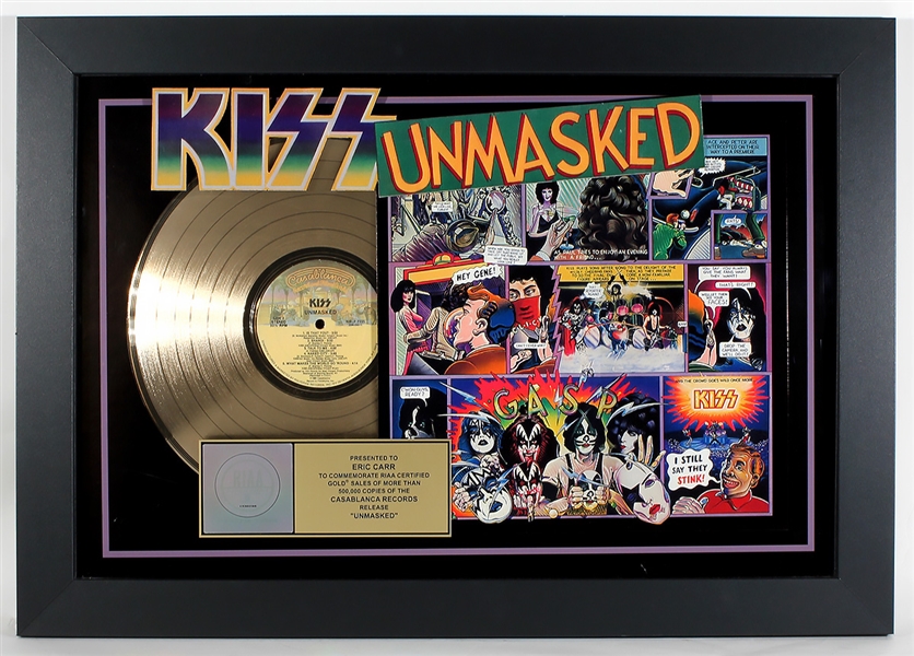 KISS "Unmasked" Original RIAA Gold Album Award Display Presented to Eric Carr