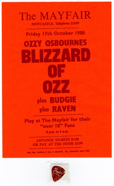 Randy Rhoads Stage Used Guitar Pick and  "Blizzard of Oz" Original 1980 Concert Poster 
