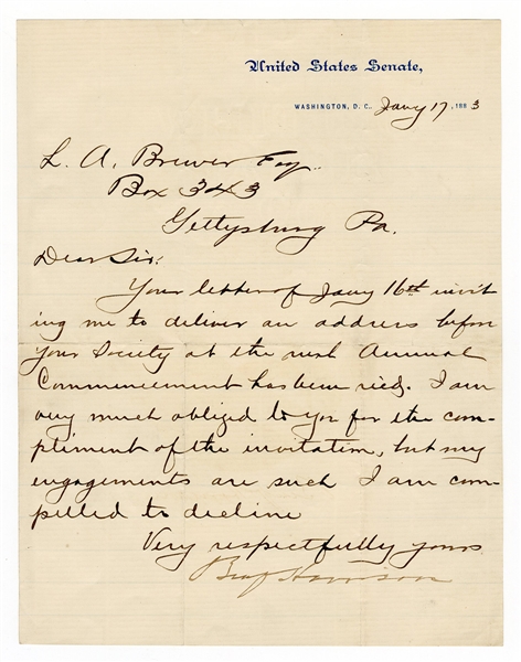 Benjamin Harrison Handwritten Signed Letter JSA LOA