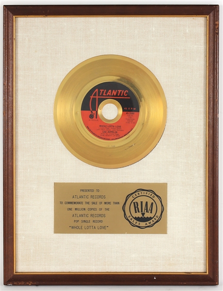Led Zeppelin "Whole Lotta Love" Original RIAA White Matte Gold Single Record Award