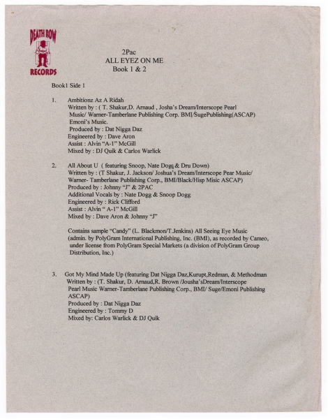 Tupac Shakur Original "All Eyez On Me Book 1 & 2" Death Row Records Working Press Release