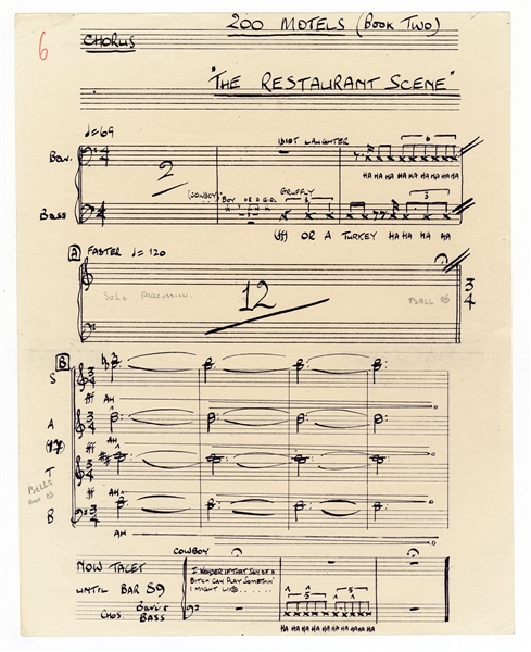Frank Zappa Original "200 Motels"/"The Restaurant Scene" Handwritten Score