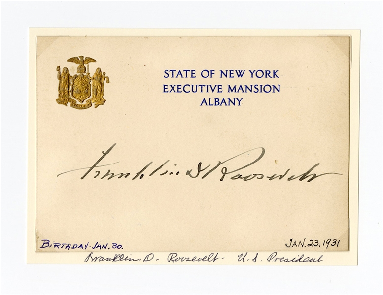 Franklin D. Roosevelt Signed New York Executive Mansion Signature Card JSA LOA
