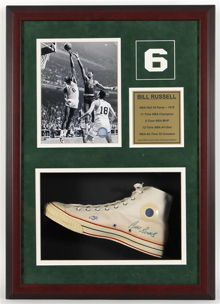 Bill Russell Signed Basketball Shoe Shadowbox Display
