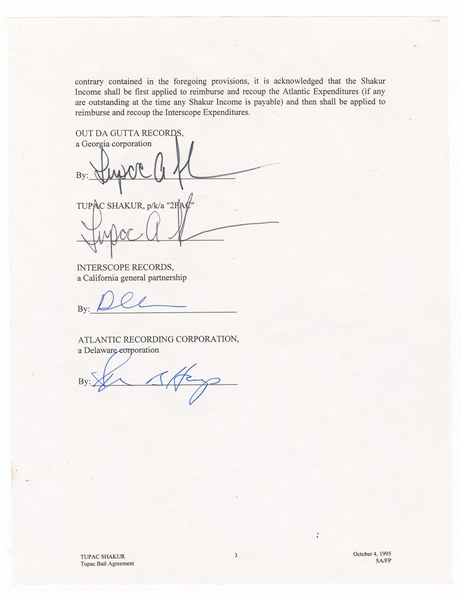 Tupac Shakur’s Historic “Death Row Records Bail Agreement” Twice Signed Contract