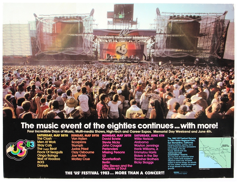 US Festival 1983 Original Concert Poster Featuring David Bowie/Stevie Nicks/U2/The Clash/Van Halen and More