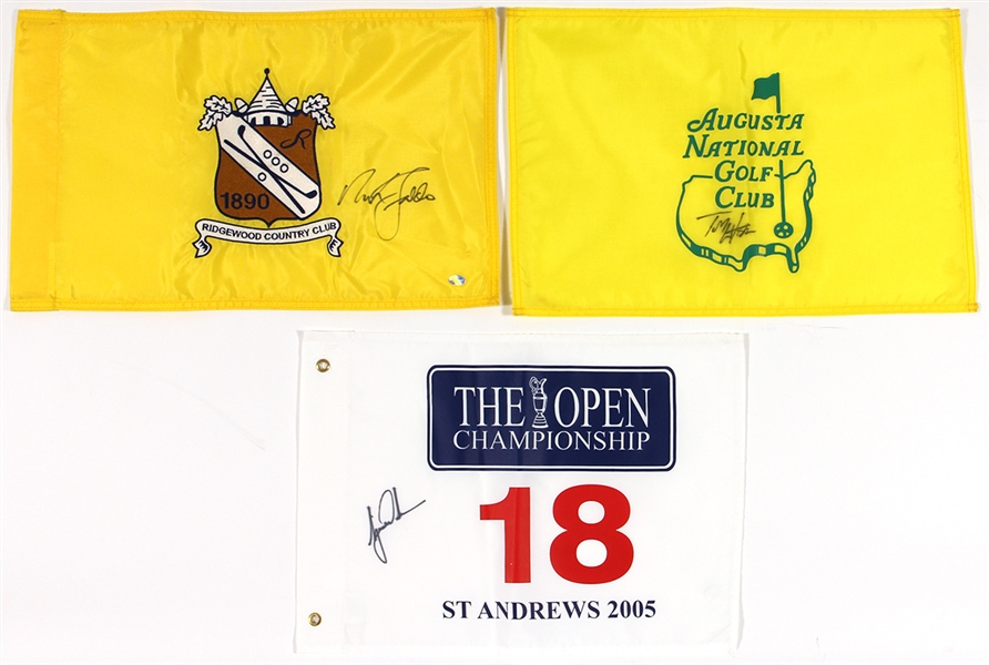 Tiger Woods, Tom Watson and Nick Faldo Signed Golf Championship Flag Lot