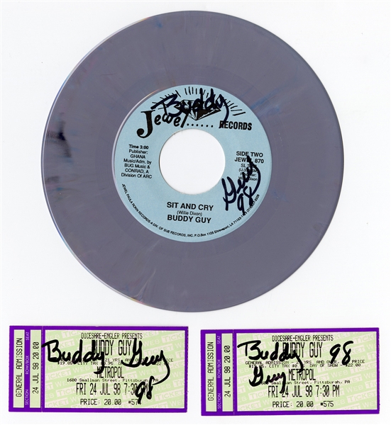 Buddy Guy Signed “Sit and Cry” Blue Vinyl and Signed Ticket Stubs (2)
