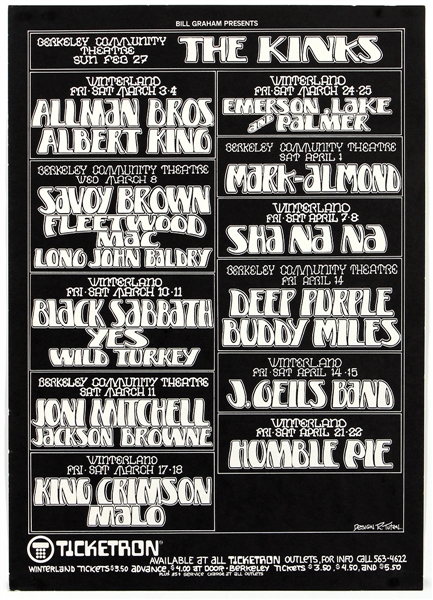 Allman Brothers/Black Sabbath/Joni Mitchell/Deep Purple and More Original Bill Graham Concert Poster