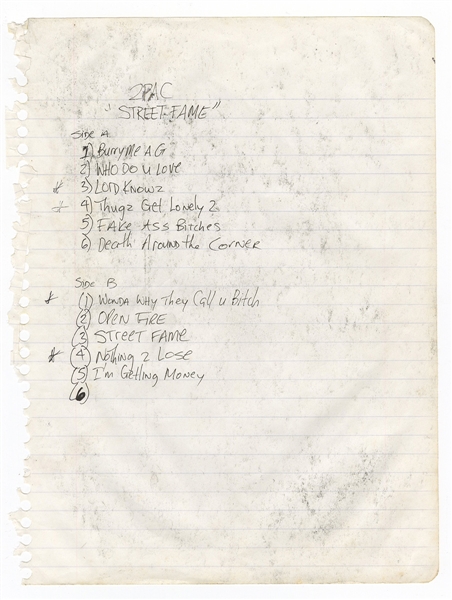 Tupac Shakur Handwritten and Signed "Street Fame" Song List