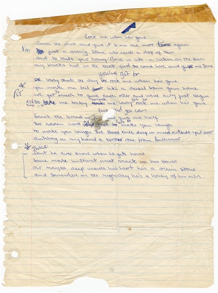 Bernie Taupin "Rock Me When Hes Gone" (Elton John) Original Handwritten Working Lyrics