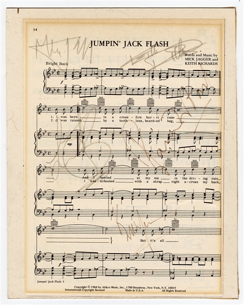 The Rolling Stones Signed "Jumpin Jack Flash" Sheet Music JSA